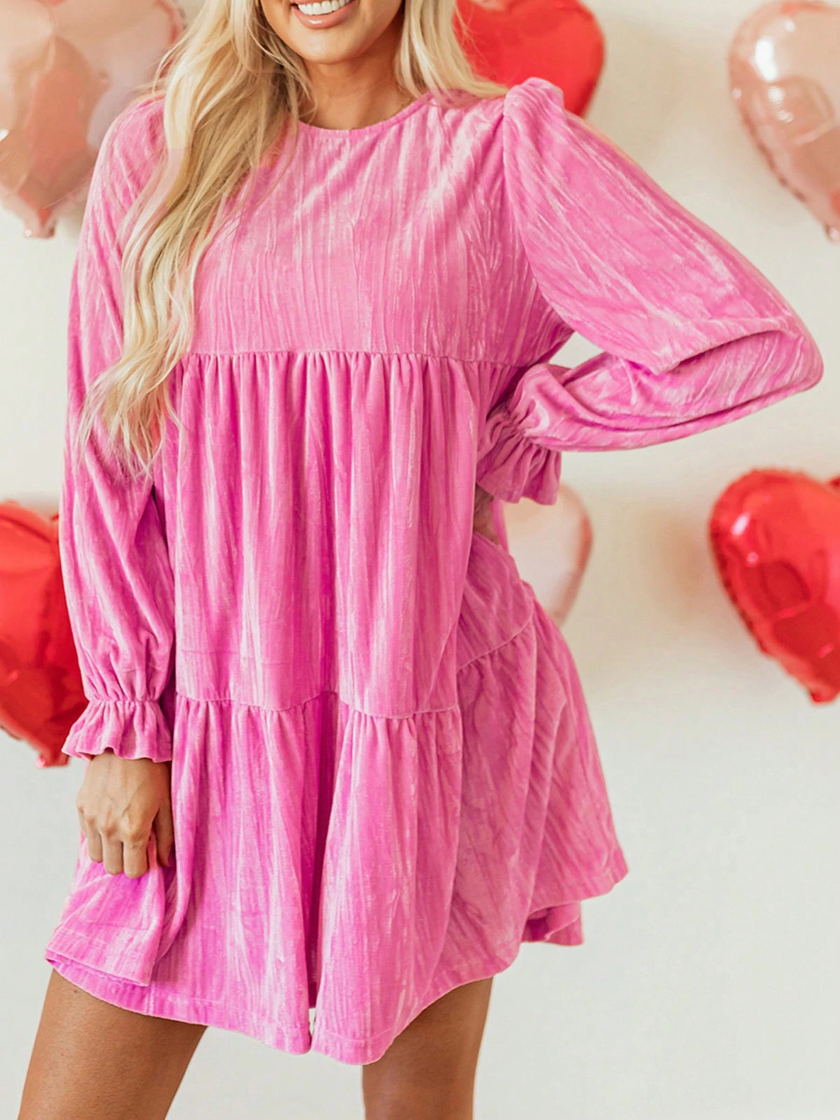 Acelitt 1pc Elegant High Waist Ruffle Trim Long Sleeve Round Neck Dress, Rose Red