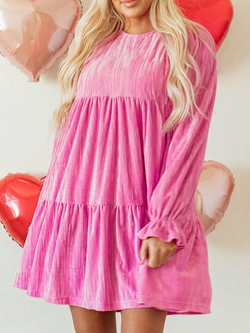 Acelitt 1pc Elegant High Waist Ruffle Trim Long Sleeve Round Neck Dress, Rose Red