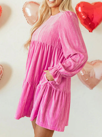 Acelitt 1pc Elegant High Waist Ruffle Trim Long Sleeve Round Neck Dress, Rose Red