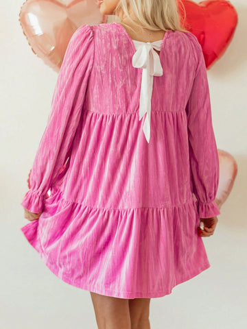 Acelitt 1pc Elegant High Waist Ruffle Trim Long Sleeve Round Neck Dress, Rose Red