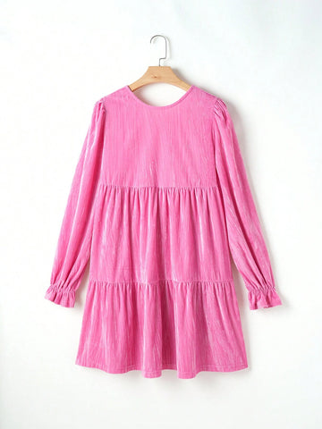 Acelitt 1pc Elegant High Waist Ruffle Trim Long Sleeve Round Neck Dress, Rose Red