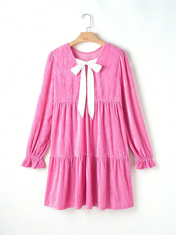 Acelitt 1pc Elegant High Waist Ruffle Trim Long Sleeve Round Neck Dress, Rose Red