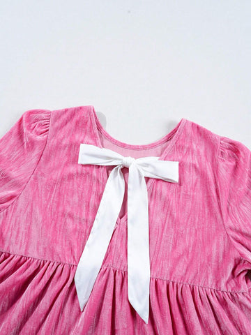 Acelitt 1pc Elegant High Waist Ruffle Trim Long Sleeve Round Neck Dress, Rose Red