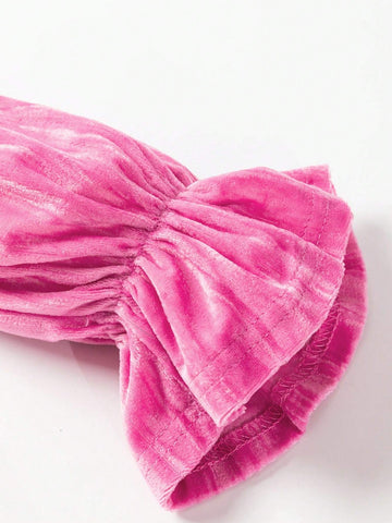 Acelitt 1pc Elegant High Waist Ruffle Trim Long Sleeve Round Neck Dress, Rose Red