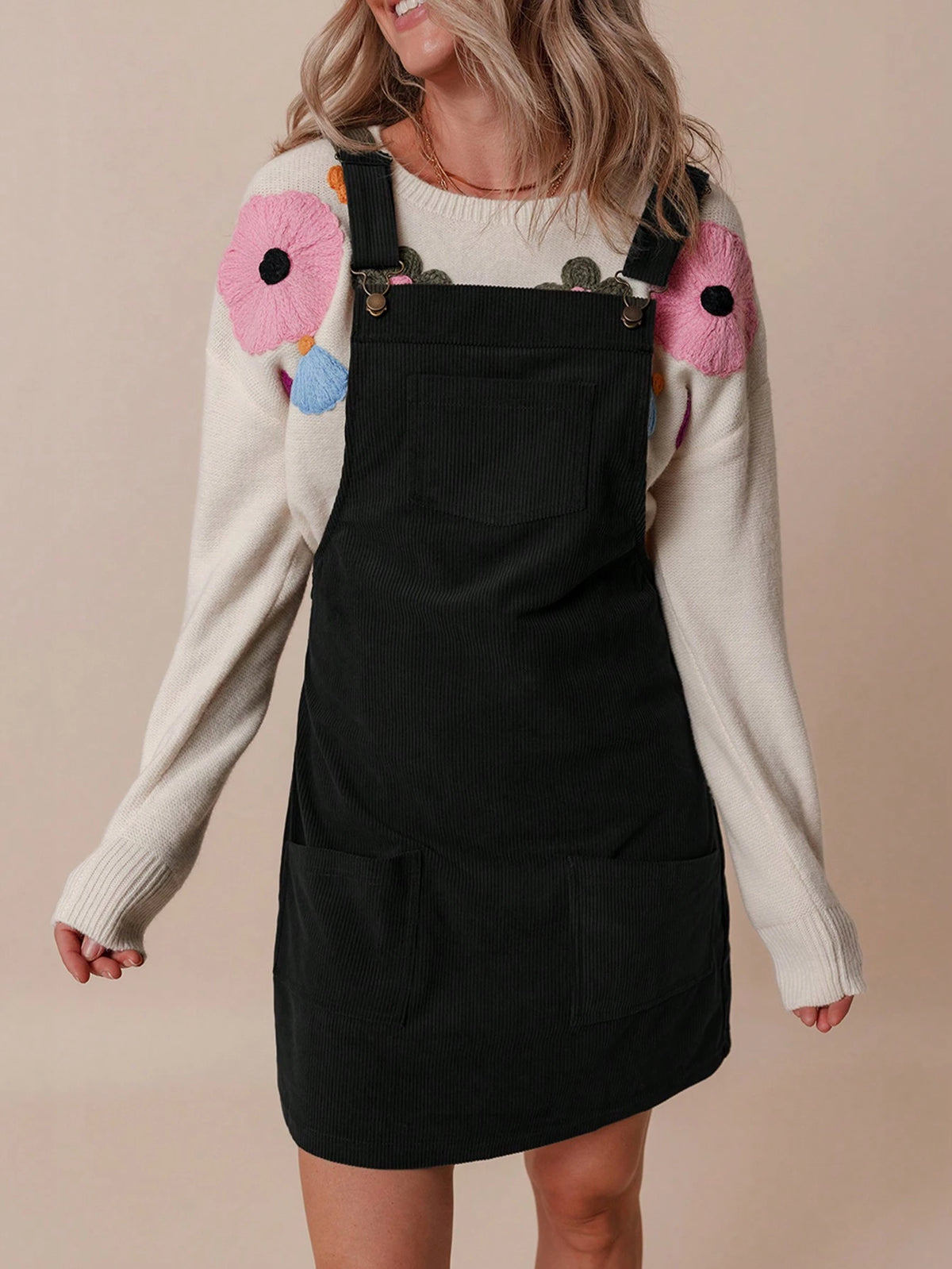 Acelitt Black Solid Color Front Pocket Sleeveless Corduroy Dress