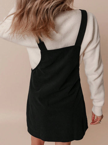Acelitt Black Solid Color Front Pocket Sleeveless Corduroy Dress