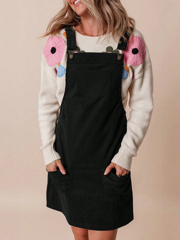 Acelitt Black Solid Color Front Pocket Sleeveless Corduroy Dress