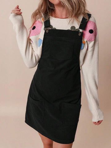 Acelitt Black Solid Color Front Pocket Sleeveless Corduroy Dress