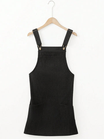 Acelitt Black Solid Color Front Pocket Sleeveless Corduroy Dress