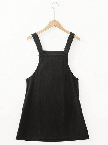 Acelitt Black Solid Color Front Pocket Sleeveless Corduroy Dress