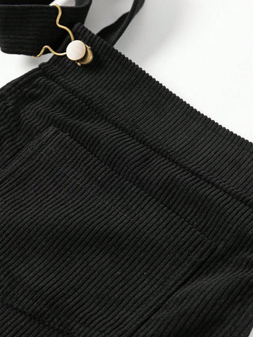 Acelitt Black Solid Color Front Pocket Sleeveless Corduroy Dress