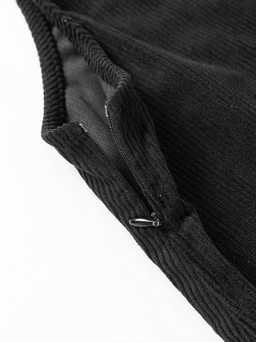 Acelitt Black Solid Color Front Pocket Sleeveless Corduroy Dress