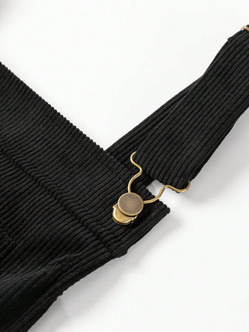 Acelitt Black Solid Color Front Pocket Sleeveless Corduroy Dress