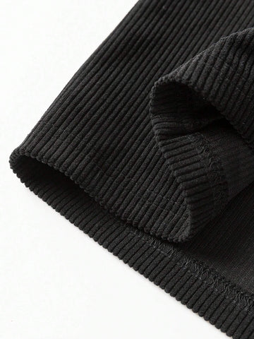 Acelitt Black Solid Color Front Pocket Sleeveless Corduroy Dress