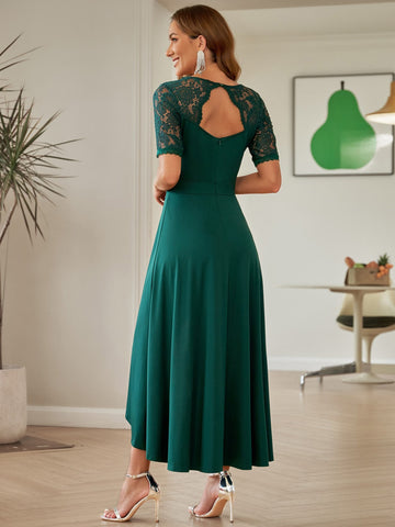 Acelitt Contrast Lace Cut Out Back High Low Hem Bridesmaid Dress