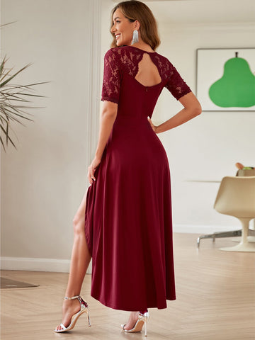 Acelitt Contrast Lace Cut Out Back High Low Hem Bridesmaid Dress