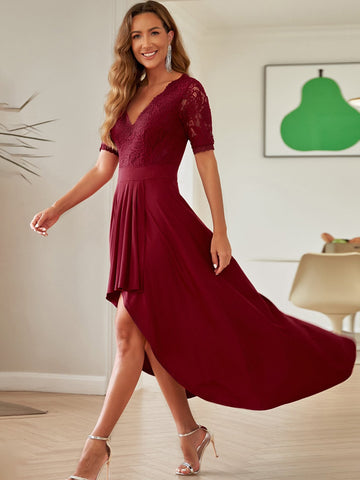 Acelitt Contrast Lace Cut Out Back High Low Hem Bridesmaid Dress