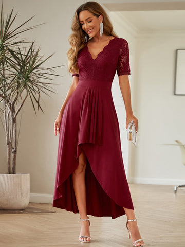 Acelitt Contrast Lace Cut Out Back High Low Hem Bridesmaid Dress