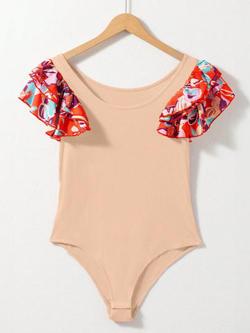 Acelitt Fashionable And Elegant Abstract Print Patchwork Multi-Layer Ruffled Sleeves Jumpsuit