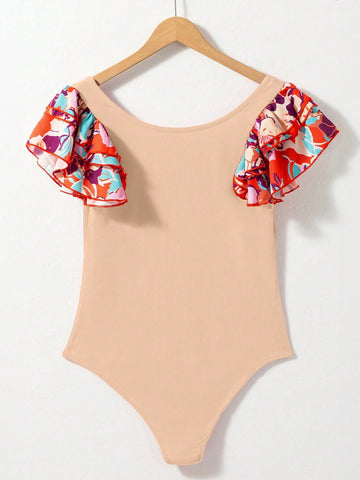 Acelitt Fashionable And Elegant Abstract Print Patchwork Multi-Layer Ruffled Sleeves Jumpsuit