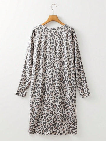 Acelitt Grey Leopard V-Neck Loose Mini Dress