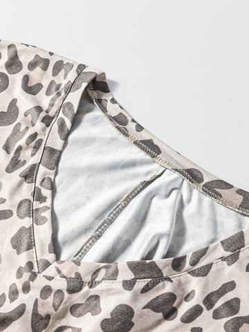 Acelitt Grey Leopard V-Neck Loose Mini Dress