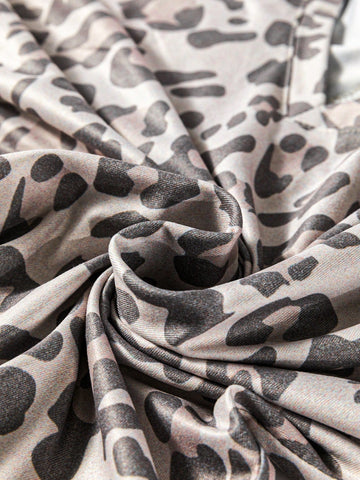 Acelitt Grey Leopard V-Neck Loose Mini Dress