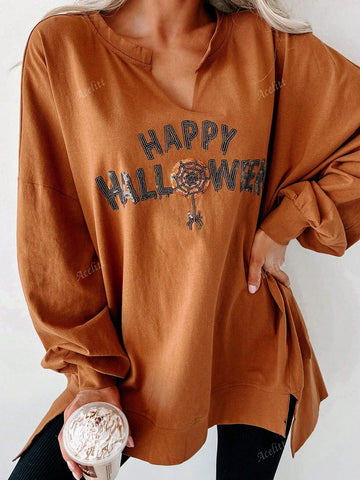 Happy Halloween Sequin Graphic V-Neck Oversized Drop Shoulder Long Sleeve T-Shirt