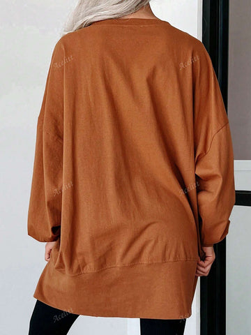 Happy Halloween Sequin Graphic V-Neck Oversized Drop Shoulder Long Sleeve T-Shirt