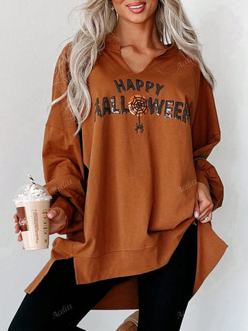 Happy Halloween Sequin Graphic V-Neck Oversized Drop Shoulder Long Sleeve T-Shirt