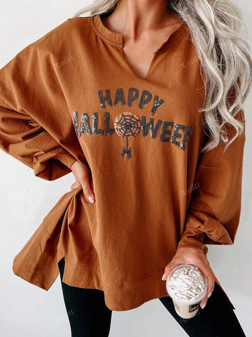Happy Halloween Sequin Graphic V-Neck Oversized Drop Shoulder Long Sleeve T-Shirt
