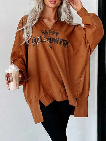Happy Halloween Sequin Graphic V-Neck Oversized Drop Shoulder Long Sleeve T-Shirt