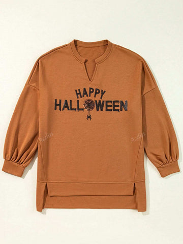 Happy Halloween Sequin Graphic V-Neck Oversized Drop Shoulder Long Sleeve T-Shirt