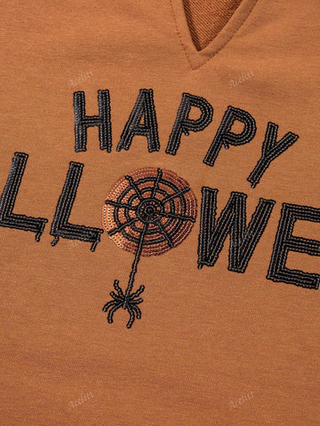 Happy Halloween Sequin Graphic V-Neck Oversized Drop Shoulder Long Sleeve T-Shirt