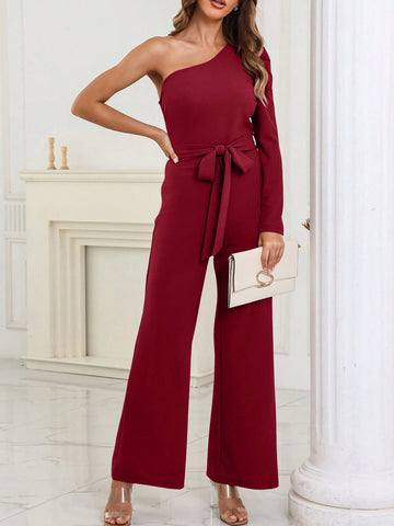 Acelitt One Shoulder Belted Wide Leg Jumpsuit