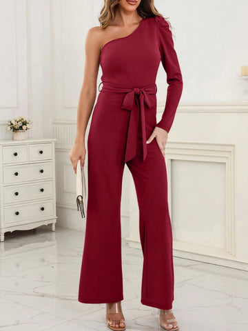 Acelitt One Shoulder Belted Wide Leg Jumpsuit