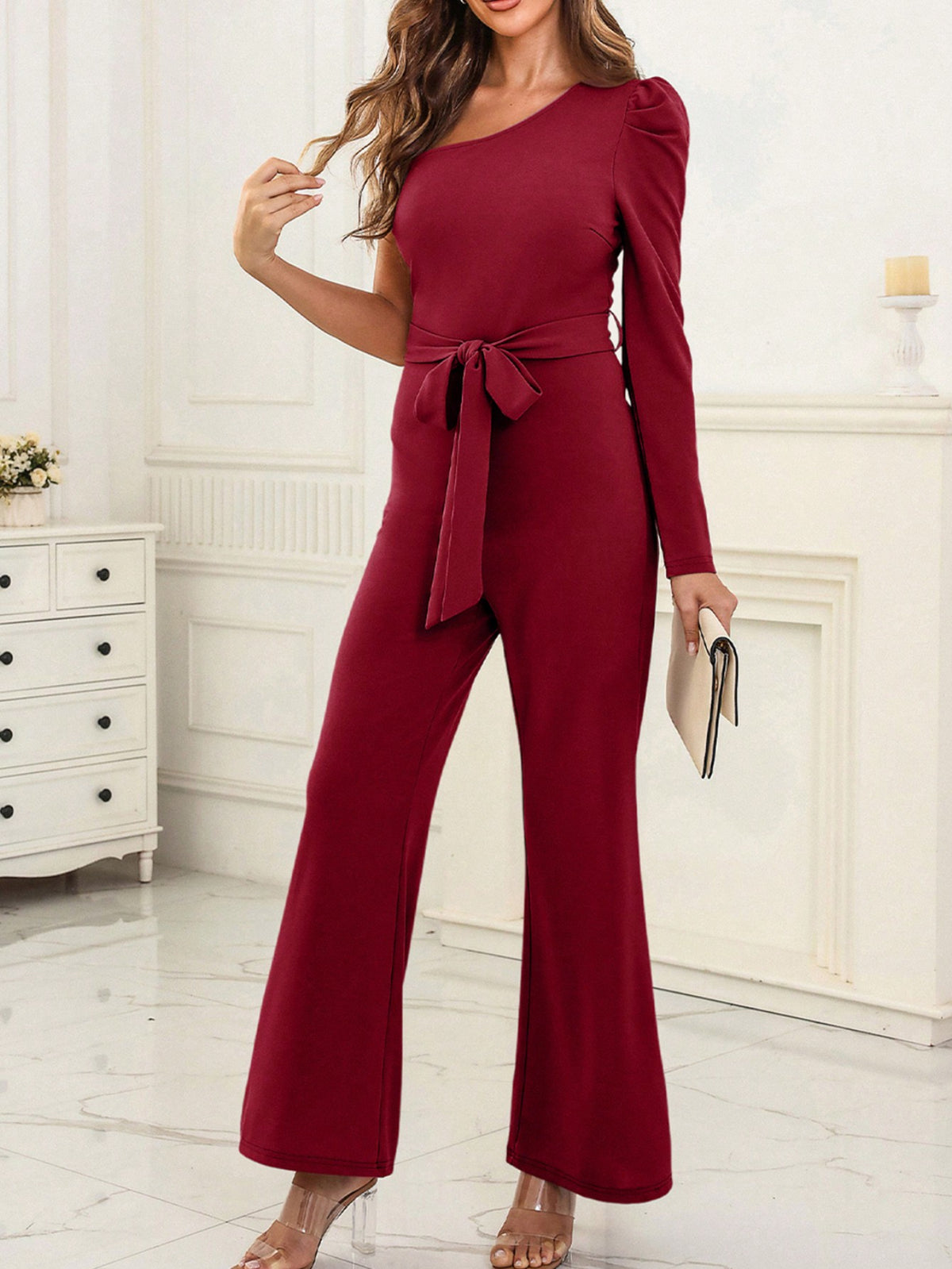 Acelitt One Shoulder Belted Wide Leg Jumpsuit