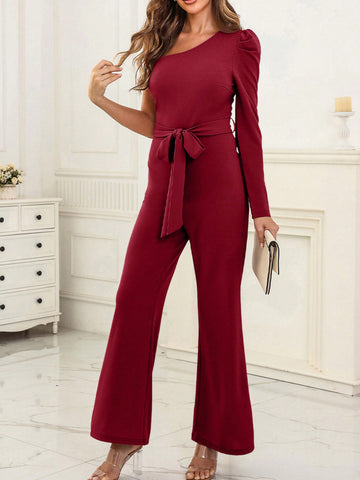 Acelitt One Shoulder Belted Wide Leg Jumpsuit