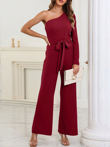 Acelitt One Shoulder Belted Wide Leg Jumpsuit