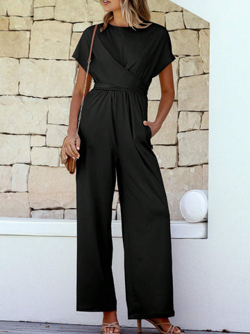 Acelitt Solid Color Round Neck Criss-Cross Front Elegant High Waist Straight Short Sleeve Jumpsuit