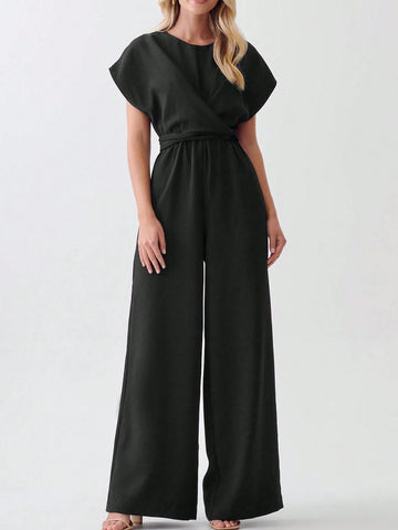 Acelitt Solid Color Round Neck Criss-Cross Front Elegant High Waist Straight Short Sleeve Jumpsuit