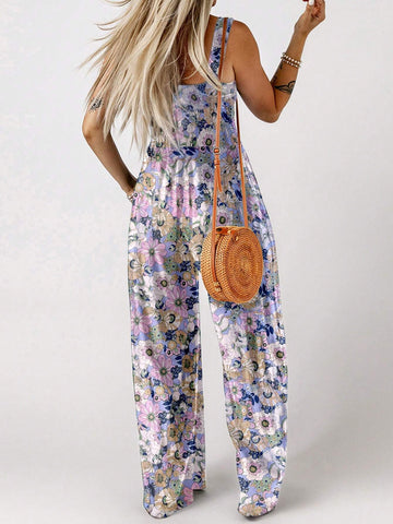 Acelitt Summer Fashion Floral Print Square Neck Sleeveless Wide Leg Jumpsuit
