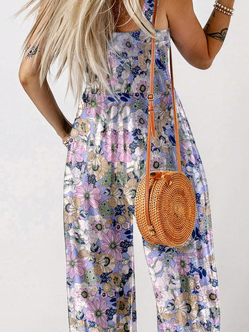 Acelitt Summer Fashion Floral Print Square Neck Sleeveless Wide Leg Jumpsuit