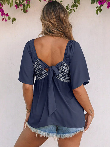 Women's Loose Bowknot Back Contrast Color Block Square Collar Casual Shirt