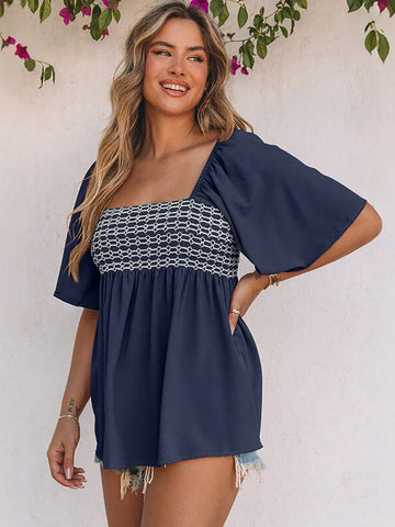 Women's Loose Bowknot Back Contrast Color Block Square Collar Casual Shirt