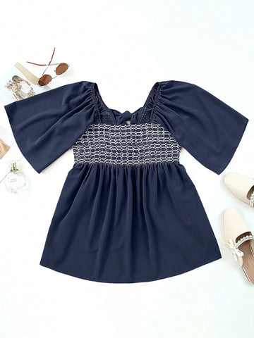 Women's Loose Bowknot Back Contrast Color Block Square Collar Casual Shirt