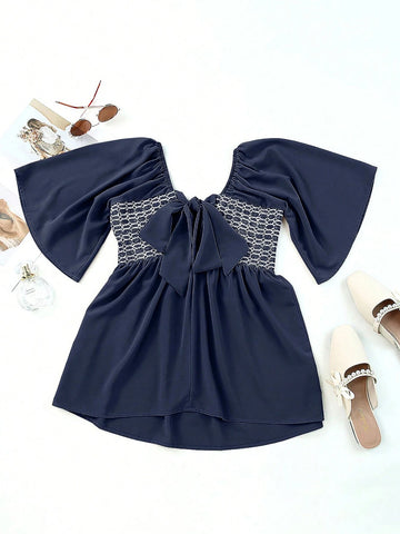 Women's Loose Bowknot Back Contrast Color Block Square Collar Casual Shirt