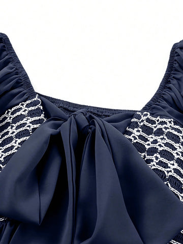 Women's Loose Bowknot Back Contrast Color Block Square Collar Casual Shirt