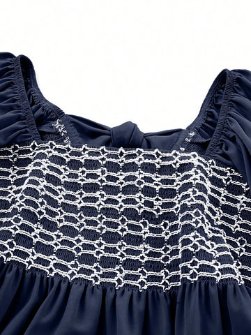 Women's Loose Bowknot Back Contrast Color Block Square Collar Casual Shirt