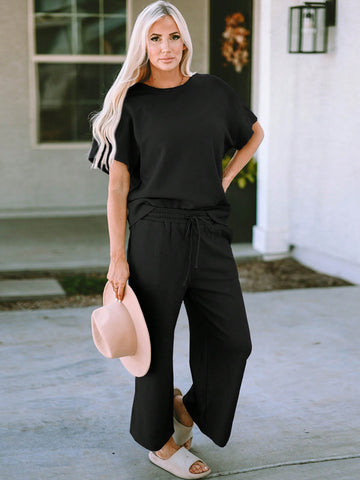 Acelitt Women's Solid Color Ruffled Sleeve Short Sleeve Top And Casual Wide-leg Pants Two-piece Set